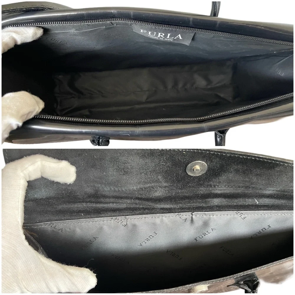❌SOLD ❌Vintage Furla Black Patent Leather Shoulder Bag 3 Compartments - Picture 13 of 17